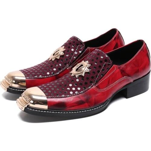 2019 Fashion Men Formal Shoes Red Wedding Dress Shoes Party Metal Pointed Toe Shoes