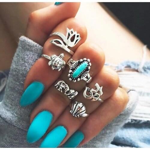 6Pc/set New Fashion Women Bohemian Vintage Crystal Opal Gold Rhinestone Beads Midi Joint Ring Party Jewelry color Rings Set