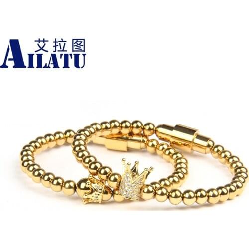 Ailatu 5 Sets New Crown Bracelet with 6mm Stainless Steel Beads Couples Jewelry Top Quality Customized Size