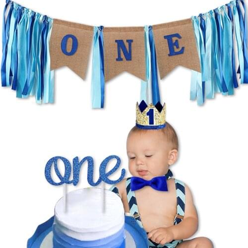 Baby Shower First Birthday Crown Banner ONE Tassel Banner Cake Flag Birthday Decoration Boy Girl Bunting Garland Party Supplies