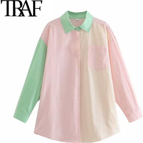 TRAF Women Fashion With Pocket Patchwork Oversized Blouses Vintage Long Sleeve Button-up Female Shirts Blusas Chic Tops