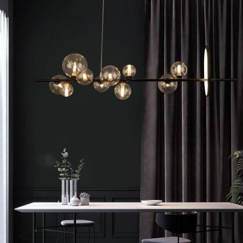 Black LED Chandelier Clear Glass Ball Modern Long Pendant Lamp For Dining Room Bar Restaurant Coffee Shop Office Hanging Light