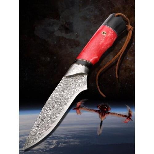 Damascus Steel Knife Bull Bone Handle Fixed Blade Knife Outdoor Hunting Camping Survival Tactic Straight Knife EDC Tool