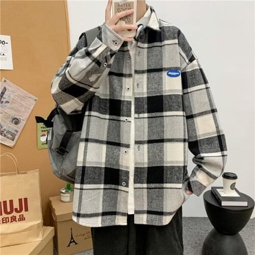 Harajuku Flannel Plaid Thick Shirt Jacket Men 2021 New Japanese Couple Style Streetwear Vintage Loose Shirts Long Sleeve Male