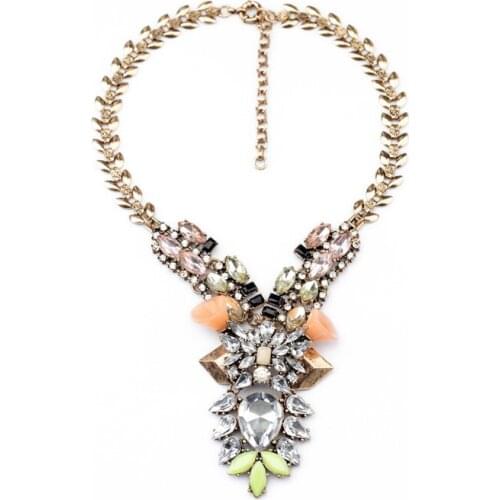 Hyperbole Crystal Blue Yellow Acrylic Geometric Pendant Necklace Antique Gold Color Statement Necklaces Indian Jewelry