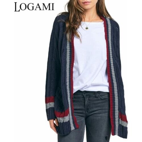 LOGAMI Striped Pocket Knit Cardigan for Women Autumn Winter Thick Coat Long Sweaters Cardigans