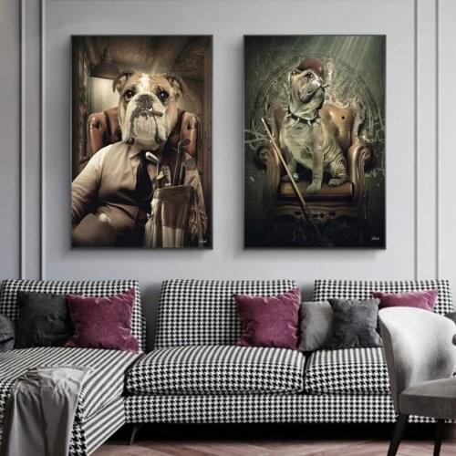 Gentleman Dog Sit on Sofa with Billiard Cue Modern Art Poster and Prints Wall Picture Home Decor Canvas Painting for Living Room