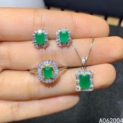KJJEAXCMY Fine Jewelry 925 sterling silver inlaid natural emerald ring pendant earring set vintage supports test
