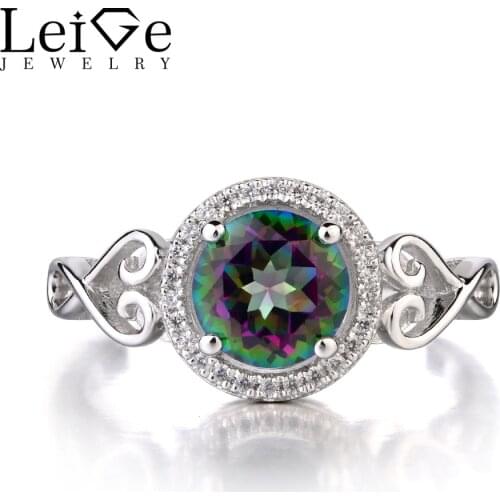 Leige Jewelry 925 Sterling Silver Mystic Topaz Ring Round Cut Gemstone November Birthstone Promise Engagement Rings for Women
