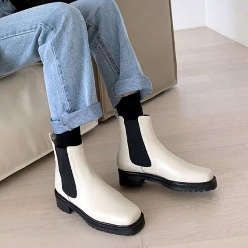 Leather Thick Bottom Chelsea Boots Women British Slip on Short Knight Boots Runway Flat Ankle Boots for Women Size 33-42