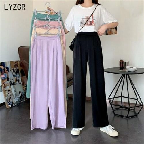 LYZCR Loose Stain Pants for Women Loose High Waisted Pants Women Purple Wide Leg Female Summer Trousers Causal Suit Pants