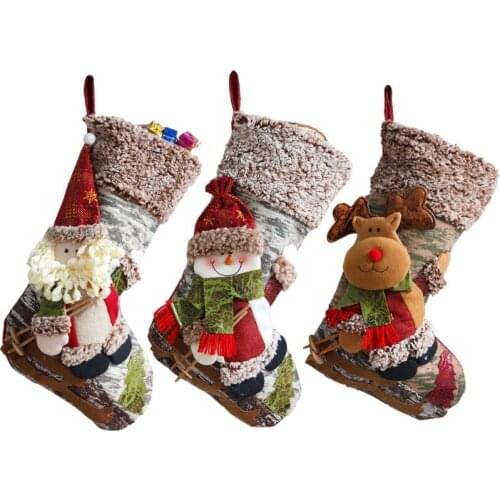 Skiing Doll with Sled Christmas Stockings Candy Bag Xmas Elf Santa Snowman Doll Element Stocking for Family Country Rustic