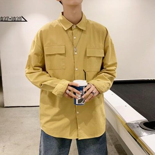 2019 Autumn Mens Pure Cotton Work Clothes Pocket Decoration Shirt Long Sleeve Fashion Trend Leisure Solid Color Loose Shirt