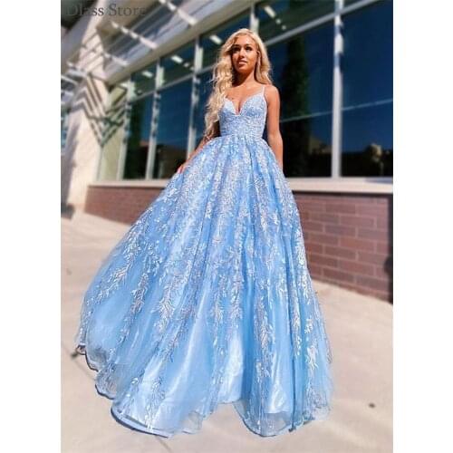Sky Blue Evening Dress Spaghetti Strap A-line Sexy V-neck Sleeveless Floor Length Sweep Train Backless Prom Dress женское платье