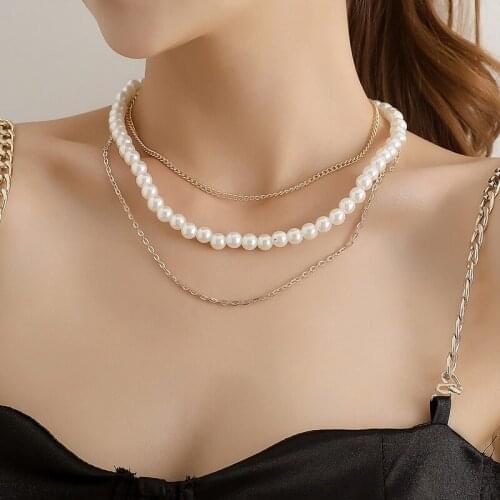 Trendy Elegant Multilayer Chains Imitation Pearl Necklace for Women Fashion Geometric Clavicle Necklace Vintage Party Jewelry