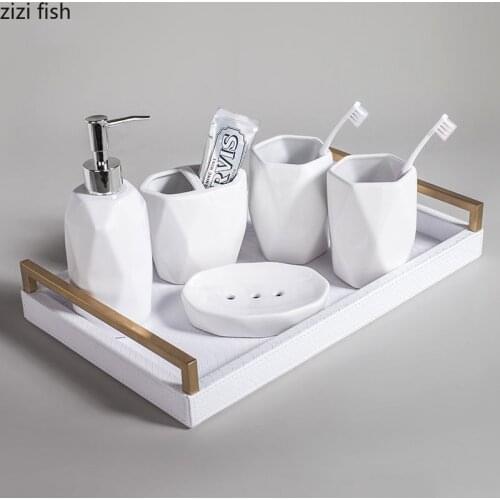 Simple Rhombus Ceramic Bathroom Accessories 5pcs/Set Portable Soap Dispenser Toothbrush Holder Snakeskin Texture Storage Tray