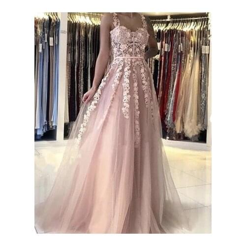 Pink Tulle Appliques Prom Dresses 2021 Spaghetti Straps Sweetheart Formal Evening Party Dress vestidos de gala