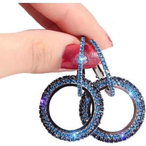 Hot Party Big Circle Drop Earrings for Women Simple Blue Rhinestone Double Round Geometric Pierced Earring Jewelry Gift 4 Colors