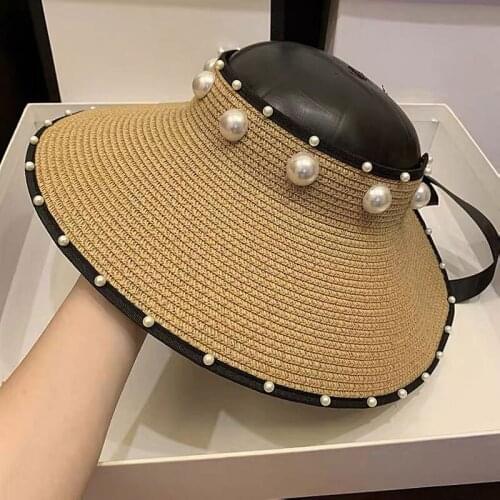 Vintage New Pearl Bow Summer Straw Hats For Women Empty Top Sun Hat Ladies Hats Beach Panama Hats For Girls Feminino Bucket Cape