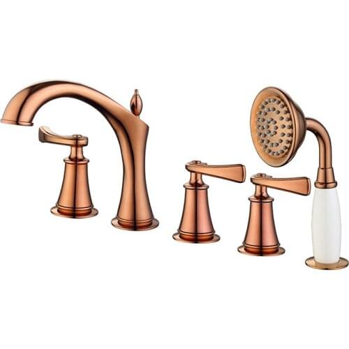 Modern New Rose gold PVD 5 Holes widespread Bathtub shower Faucet with Hand Shower deck mounted tub tap