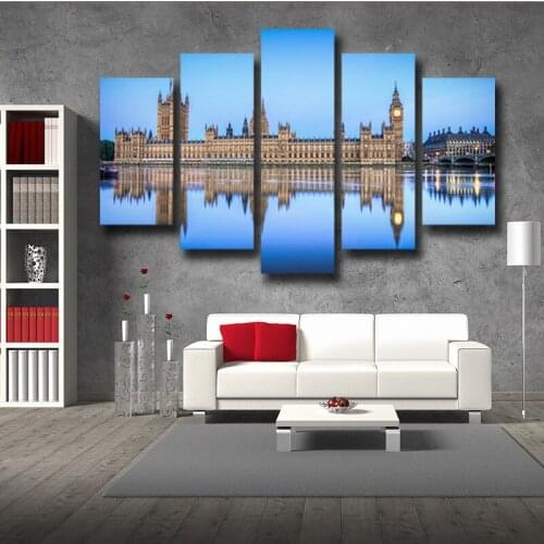 The Living Room Office European Architectural Sea Landscape Blue Sky Clock on Building Painting 5 Panels Canvas Frameless Decor
