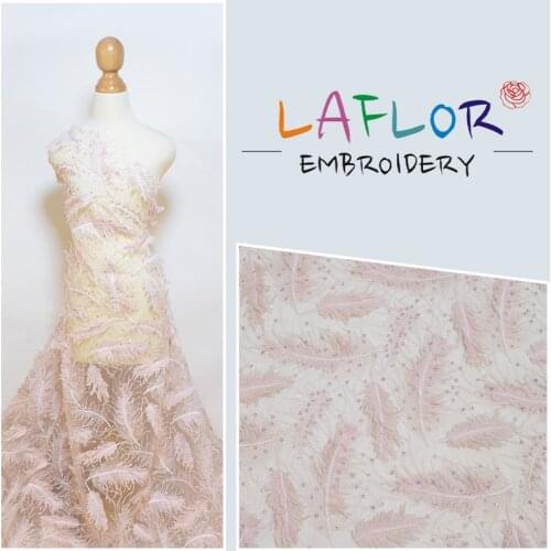 Feather sequins embroidery tulle mesh lace fabric for womens wedding dress