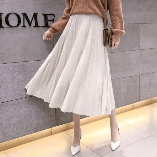Woman skirts Elegant Solid color Midi Pleated Skirt Women Autumn Winter Ladies Red Black High Waist School Long Skirt Female