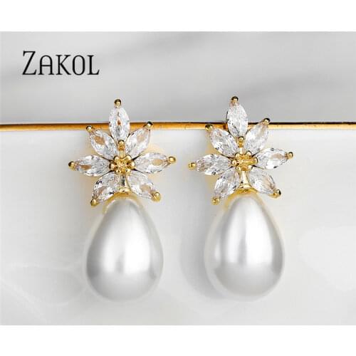 ZAKOL New Fashion Pearl Stud Earrings for Women Female Luxury AAA Cubic Zirconia Leaf Flower Earrings Birthday Gifts EP2861