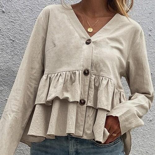 GypsyLady 100% Cotton Casual Blouse Shirt Long Sleeve Autumn V-neck Women Blouse Button Front Ruffles Holiday Female Tops 2021