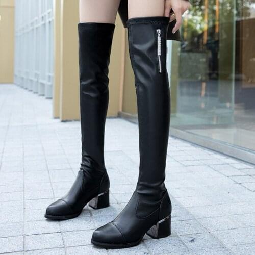 New Women Over The Knee Modern Boots Fashion Female Pointed Toe Med Heels Shoes Zipper Shoes Autumn Winter Ladies Chelsea Boots