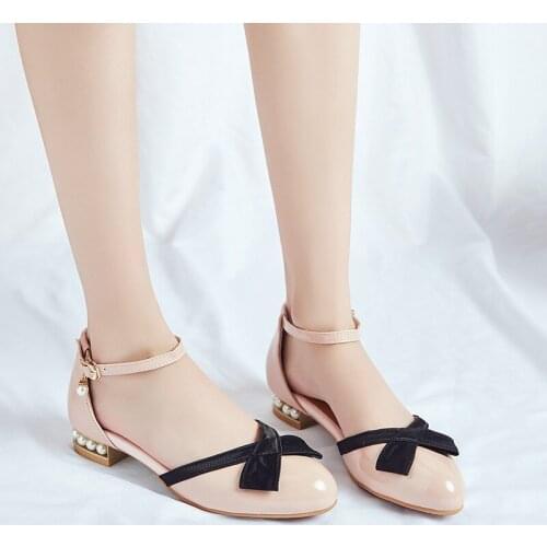 YMECHIC White Pink Black Knot Womens Shoes Large Sizes String Bead Low Chunky Heels Bowtie Lolita Ankle Strap Pumps Party Shoes