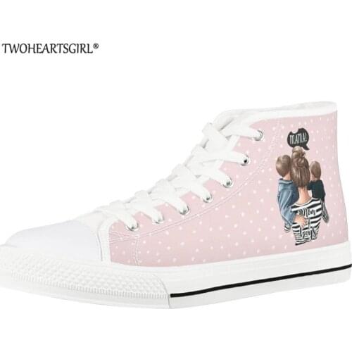 Twoheartsgirl Super Mama Print Pink High Top Canvas Shoes for Women Breathable Flats Comfortable White Flat Sneakers Female