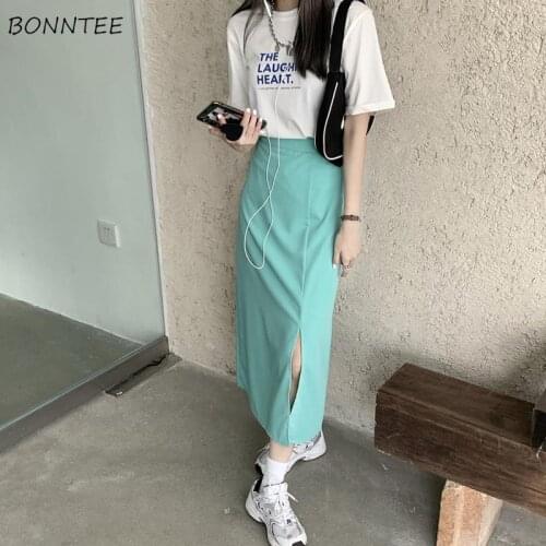 Skirts Women Green Side Slit Design Pure Stylish Ins All-match College Ulzzang Chic Charm Simple Casual Summer Plain Breathable