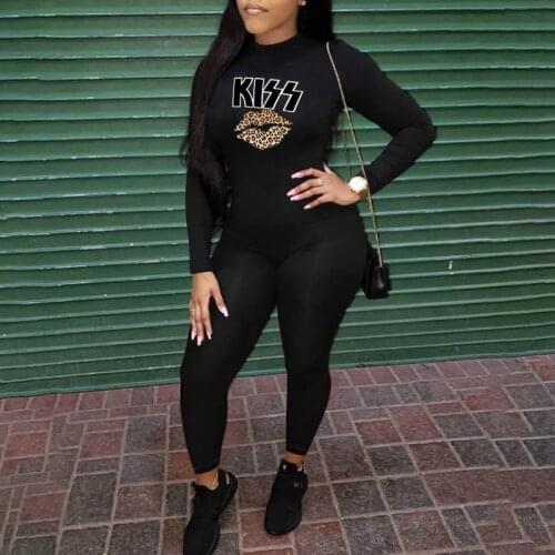 ZKYZWX Aesthetic Letter Lip Print Bodycon Jumpsuit for Women Spring Fall Trendy Long Sleeve One Piece Casual Tracksuit Rompers