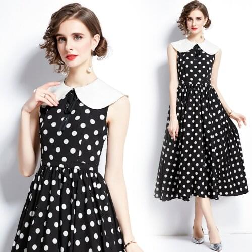 Summer New Vintage Hepburn style Slim Polka Dot Print Mid-length Dresses Women Sweet Ribbon Bow Peter pan collar Tank Long Dress