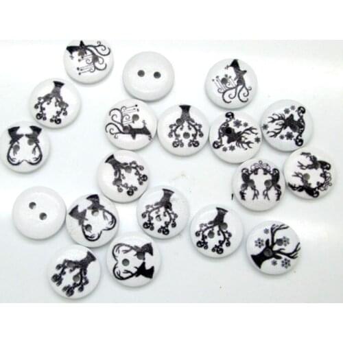 100pcs 15mm Mixed White Round Tree series Pattern Wooden Buttons For Clothes Crafts Sewing Scrapbooking DIY Accessories