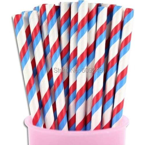 100pcs Mixed Colors Blue Red Striped Paper Straws, Cheap July 4th Patriot Day Decorative Party Supplies Paper Drinking Straws