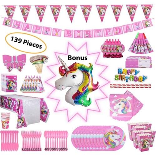 139PCS Unicorn party supplies kids birthday theme Party Supplies Birthday Decoration Disposable Tableware Set Paper Plates Cup