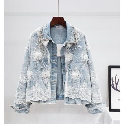 2021 Autumn Women denim jacket diamond embroidery white mesh floral vintage denim coat female long-sleeve loose casual jacket