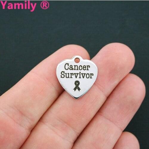 Yamily 3pcs--22mm haert Stainless Steel Cancer Survivor engraved Charm pendant Awareness Ribbon for diy jewelry making