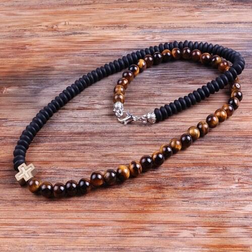 6mm Natural Tiger Stone Bead & Hematite Cross Pendant Surfer Necklace for men tribal