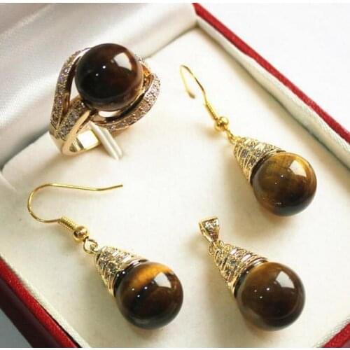 Noble new jewelry 18KGP + 12mm tiger eye stone pendant, earring, , ring set jade set