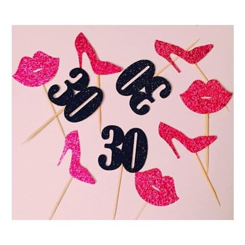 Glitter 30th fushia black Cupcake Toppers bachelorette Party wedding birthday baby bridal shower party toothpicks