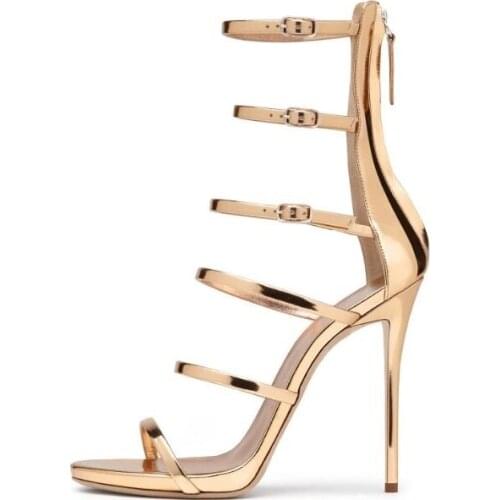 Hot Selling Gold Metallic Leather 6 Strap Sandal Covered Stiletto Heel Strappy Sandals Back Zipper Cage Sheos For Women Size 10