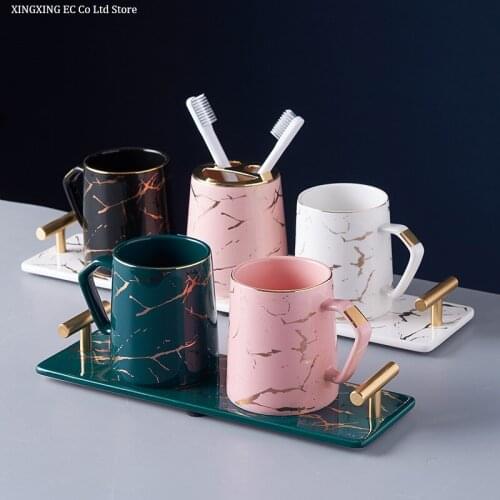 Household Tooth Brushing Cup Set Wash Cup Mouthwash Cup Family Light Luxury Tray Marble Pattern Bathroom Storage Accessories