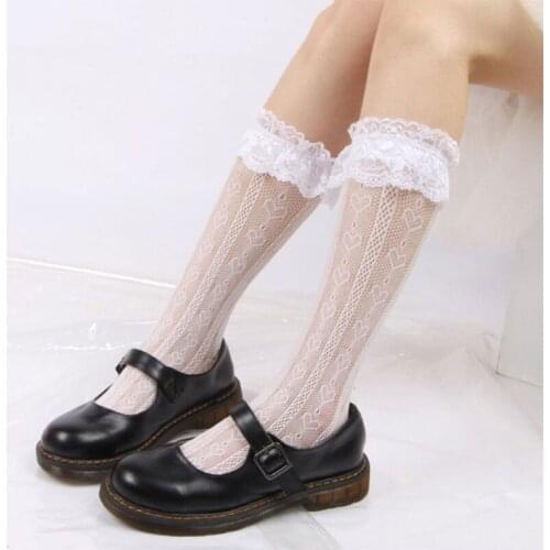 Janpanese Style Sweet Lolita Stockings Breathable Thin Womans Love-Hearted Calf Socks with Lace Edge for Skirt Shorts 066C