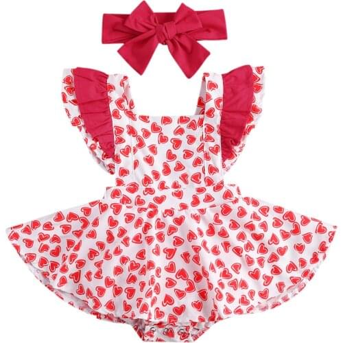 Infant Newborn Baby Girls Hearts Print Romper Dress Ruffled Sleeve Jumpsuits Valentine Day Playsuits With Headband
