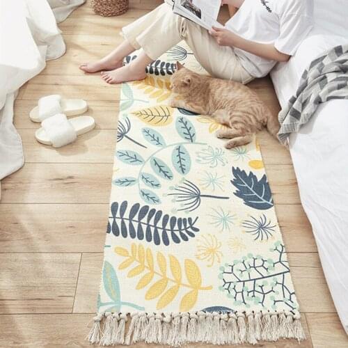 Retro Bohemian Hand Woven Cotton Linen Carpet Rug Bedside Rug Geometric Floor Mat Living Room Bedroom Carpet Home Decor Area Rug