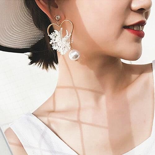 Korean Fashion Jewelry Temperament Love Heart Lace Imitation Pearl Crystal Earrings Female Long Tassel Earrings