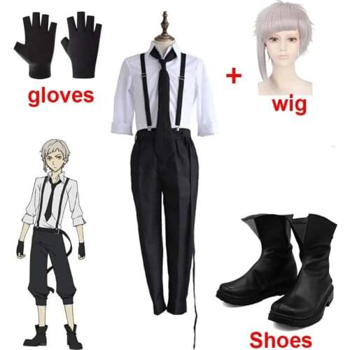 Anime Bungo Stray Dogs Atsushi Nakajima Cosplay Costumes Wigs Shirts Pants Tie Gloves Halloween Party